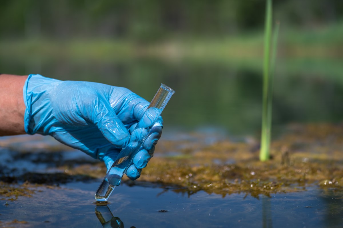 Main gantée, tenant un tube à essai, prélevant un échantillon d'eau