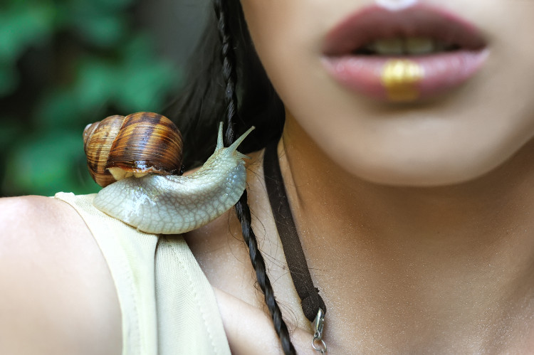 escargot sur l'épaule de la femme