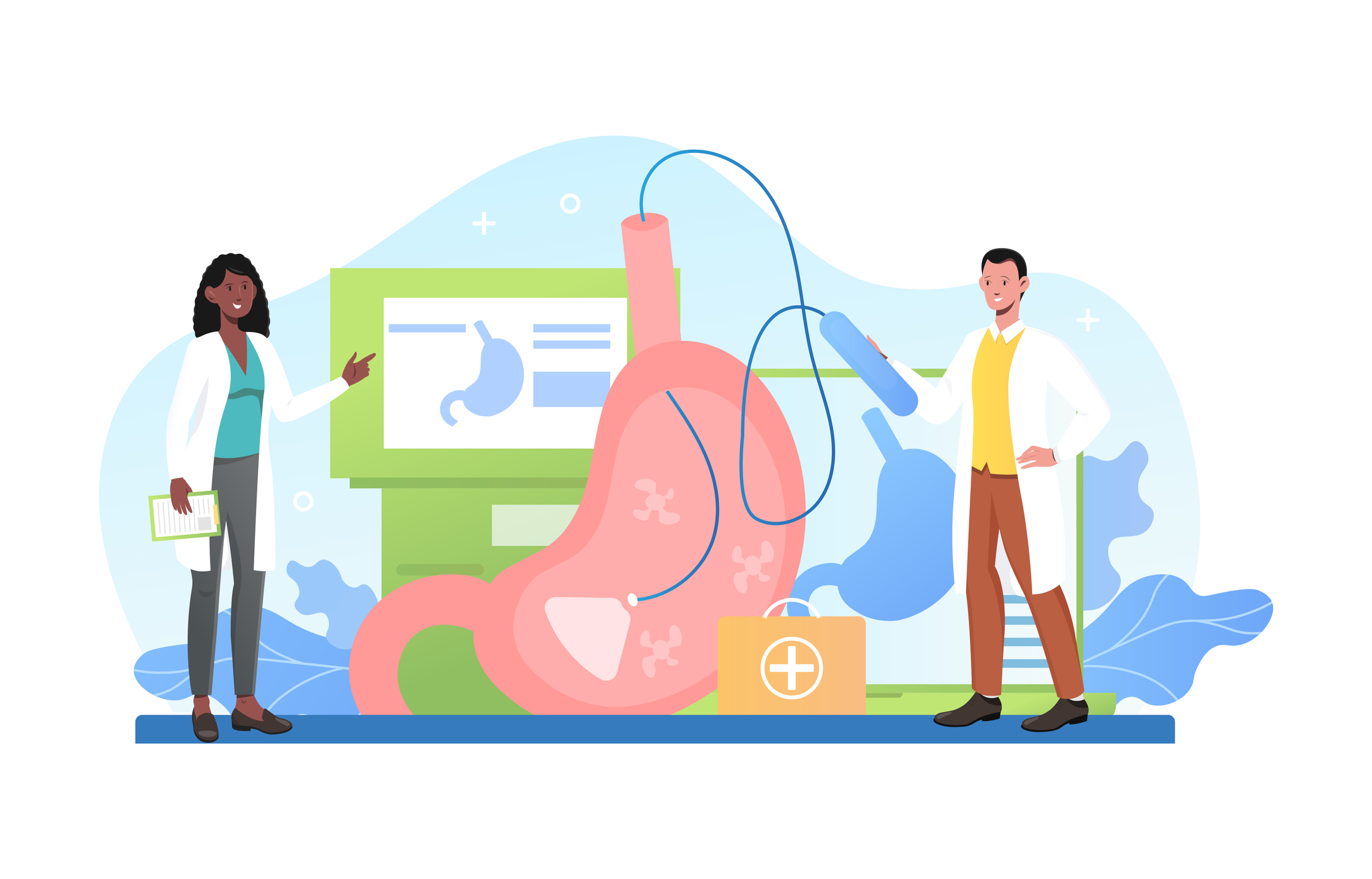 Gastroscopie comme méthode d'examen en HP, animation montrant le médecin, le moniteur et le fibroscope.