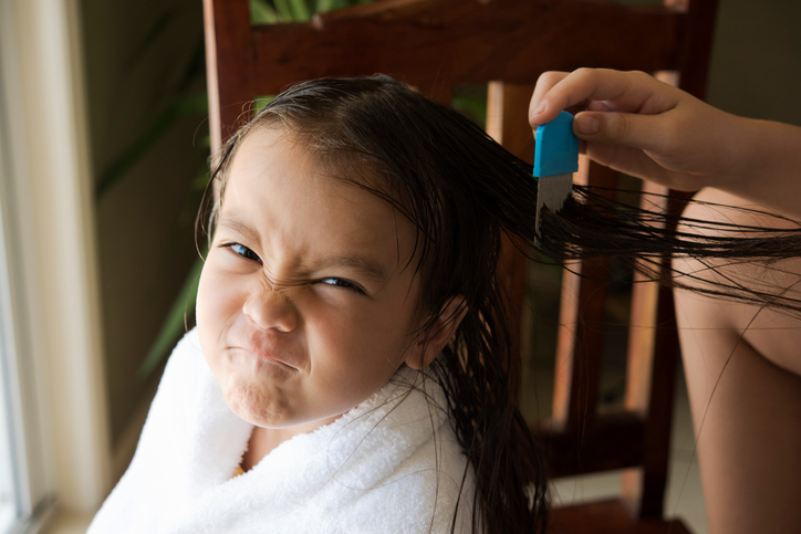 Une jeune fille renfrognée dont on brosse les cheveux