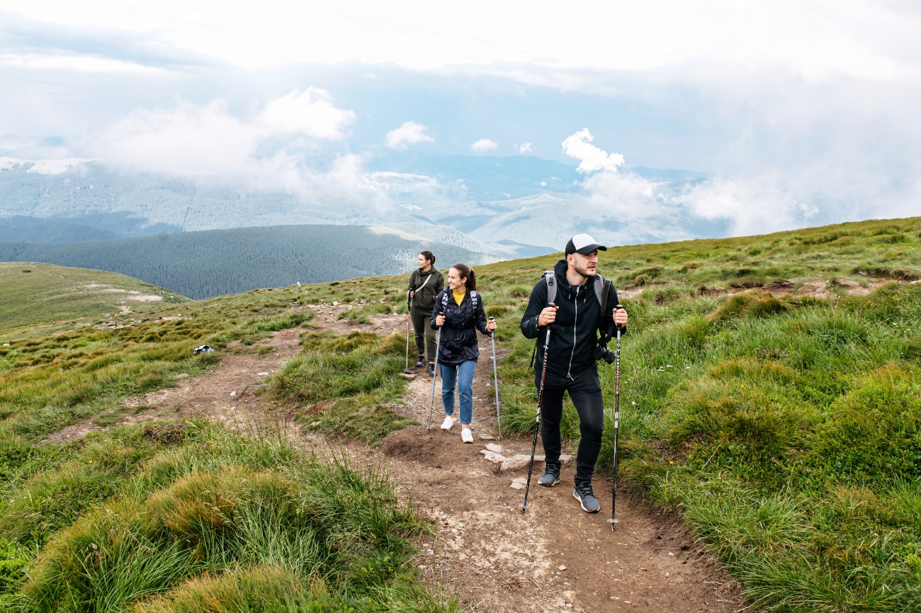 Marche nordique en groupe dans la nature