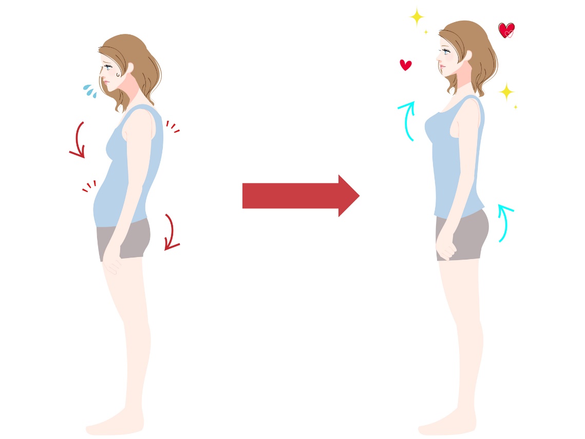 Posture correcte pour éviter les déséquilibres musculaires : tête droite - épaules éloignées des oreilles - activation de la paroi abdominale - muscles du plancher pelvien - activation des muscles fessiers.