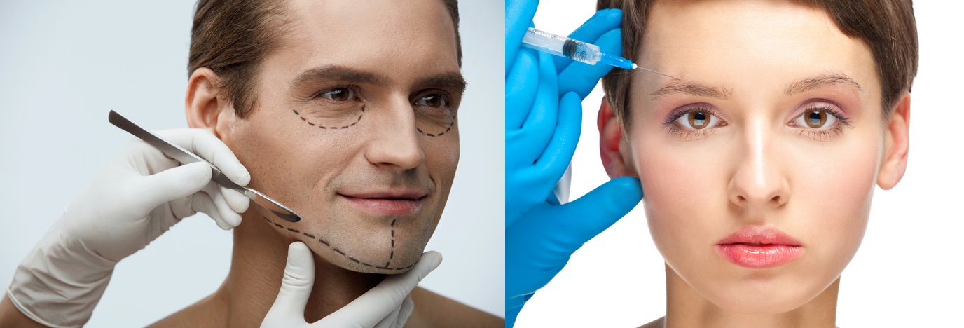 Visage masculin et féminin comme exemple d'asymétrie faciale et de nécessité de chirurgie plastique, et état après injection de Botox.